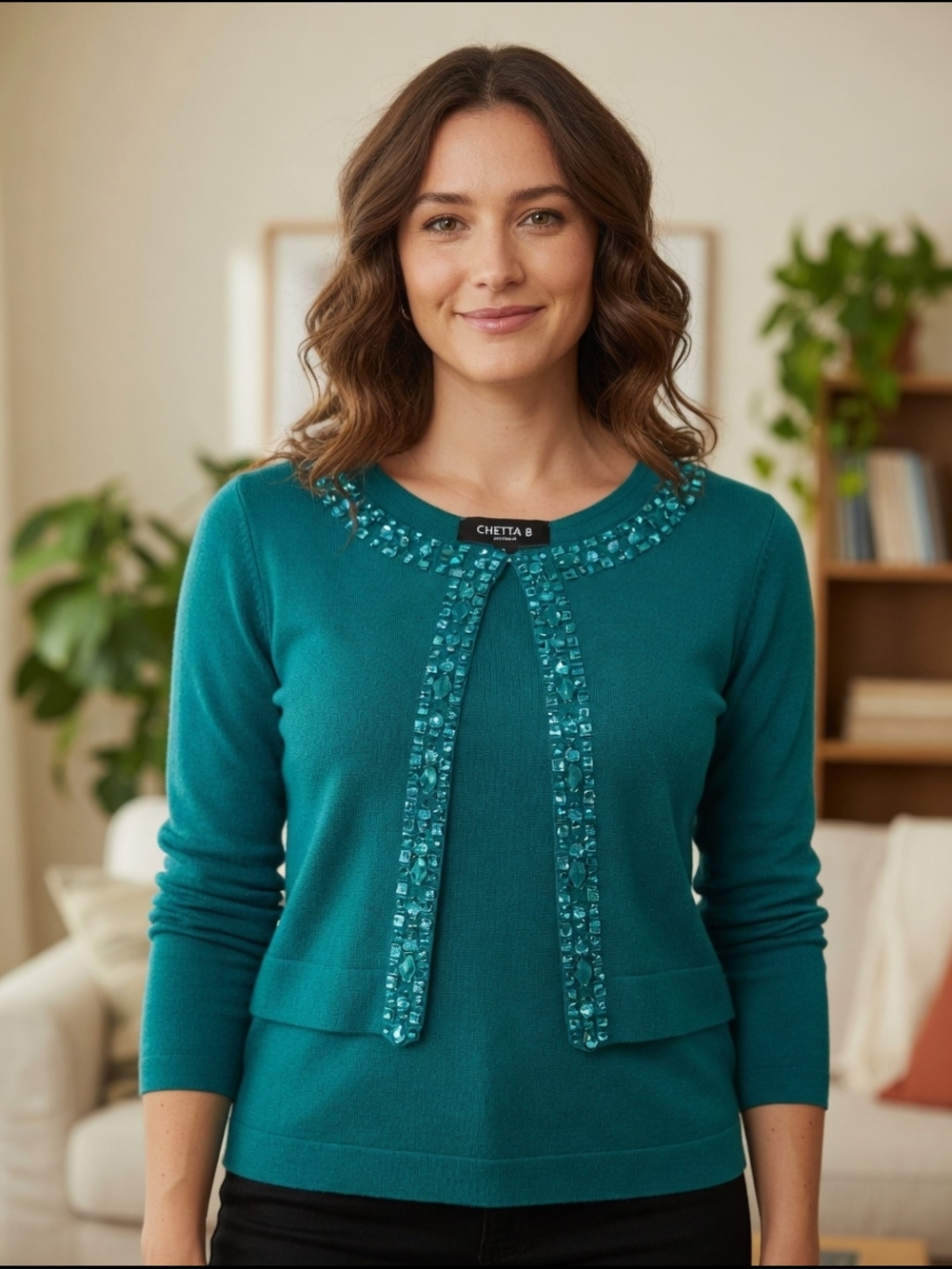 Chetta B Teal Embellished Knit Sweater